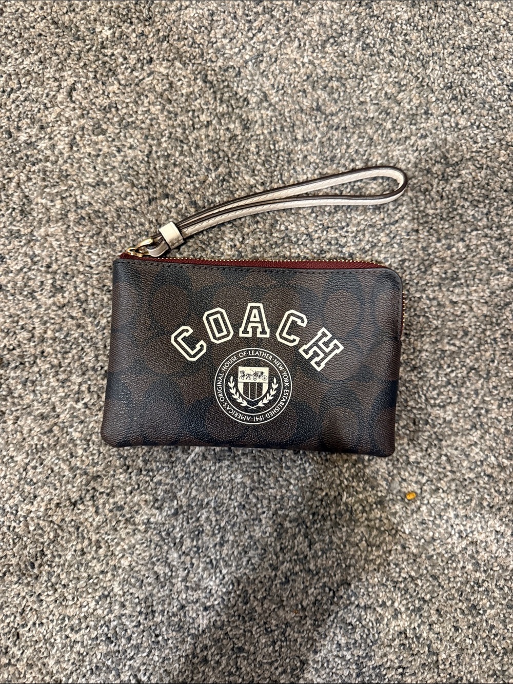 Coach Brown Signature Wristlet with Cream Logo and Tan Strap